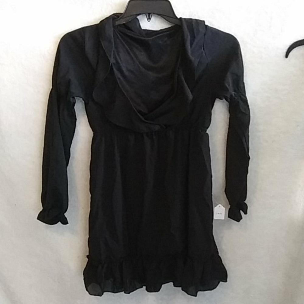 Women's black mini dress ruffle v neck WD0004